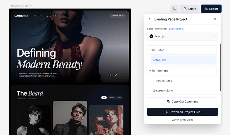 Exporting AI landing page designs to production-ready code