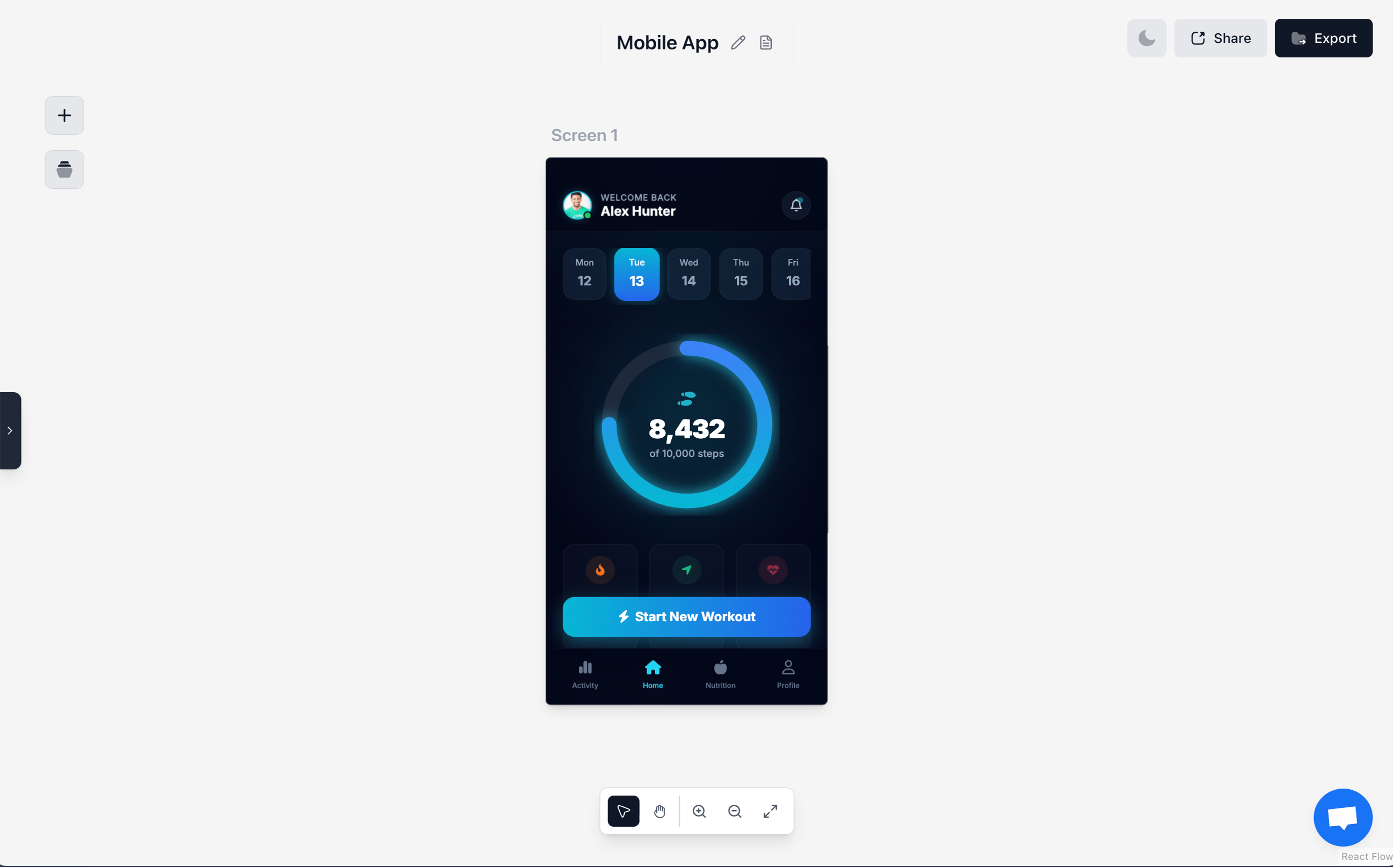 AI-generated fitness tracking app mobile design with dark theme, step counter progress ring, and workout summary