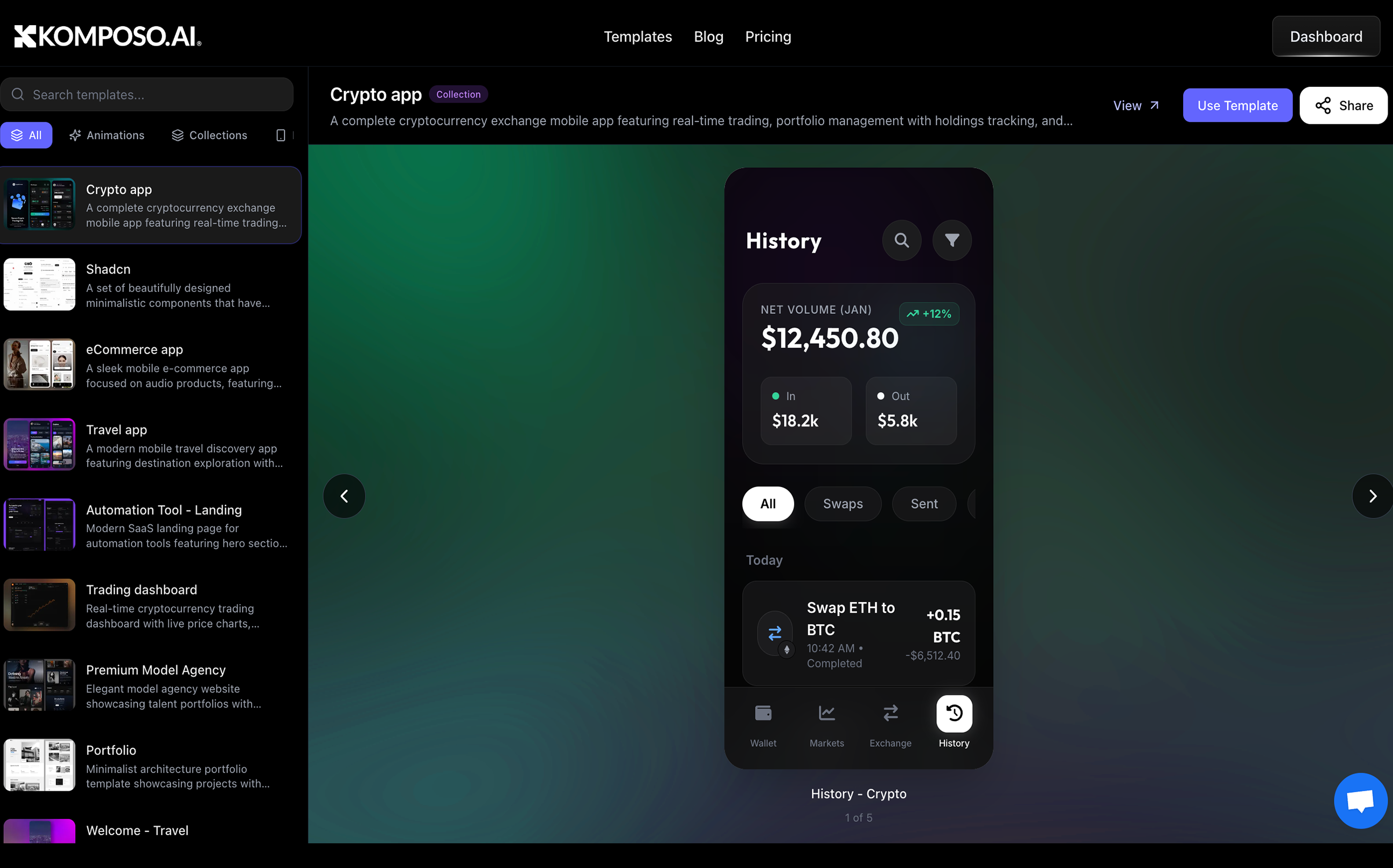 Komposo free UI templates library browser showing mobile app, web app, and landing page templates with live preview